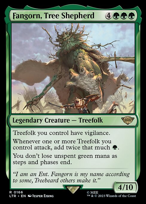 Treefolk you control have vigilance.
Whenever one or more Treefolk you control attack, add twice that much {G}.
You don't lose unspent green mana as steps and phases end.