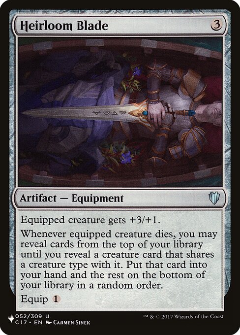 Equipped creature gets +3/+1.
Whenever equipped creature dies, you may reveal cards from the top of your library until you reveal a creature card that shares a creature type with it. Put that card into your hand and the rest on the bottom of your library in a random order.
Equip {1}