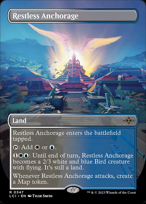 Restless Anchorage enters the battlefield tapped.
{T}: Add {W} or {U}.
{1}{W}{U}: Until end of turn, Restless Anchorage becomes a 2/3 white and blue Bird creature with flying. It's still a land.
Whenever Restless Anchorage attacks, create a Map token.