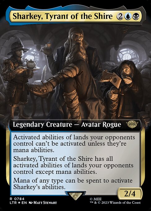 Activated abilities of lands your opponents control can't be activated unless they're mana abilities.
Sharkey, Tyrant of the Shire has all activated abilities of lands your opponents control except mana abilities.
Mana of any type can be spent to activate Sharkey's abilities.