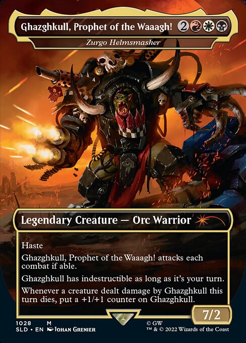 Haste
Zurgo Helmsmasher attacks each combat if able.
Zurgo Helmsmasher has indestructible as long as it's your turn.
Whenever a creature dealt damage by Zurgo Helmsmasher this turn dies, put a +1/+1 counter on Zurgo Helmsmasher.