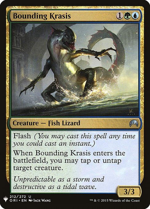 Flash (You may cast this spell any time you could cast an instant.)
When Bounding Krasis enters the battlefield, you may tap or untap target creature.