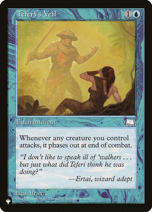 Whenever a creature you control attacks, it phases out at end of combat. (While it's phased out, it's treated as though it doesn't exist. It phases in before you untap during your next untap step.)