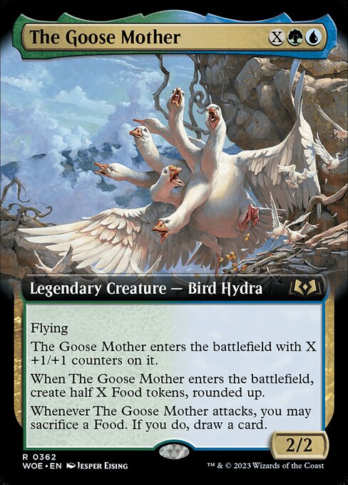 Flying
The Goose Mother enters the battlefield with X +1/+1 counters on it.
When The Goose Mother enters the battlefield, create half X Food tokens, rounded up.
Whenever The Goose Mother attacks, you may sacrifice a Food. If you do, draw a card.