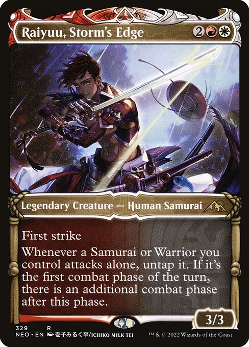 First strike
Whenever a Samurai or Warrior you control attacks alone, untap it. If it's the first combat phase of the turn, there is an additional combat phase after this phase.
