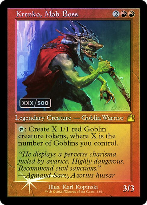 {T}: Create X 1/1 red Goblin creature tokens, where X is the number of Goblins you control.