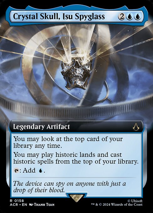 You may look at the top card of your library any time.
You may play historic lands and cast historic spells from the top of your library. (Artifacts, legendaries, and Sagas are historic.)
{T}: Add {U}.