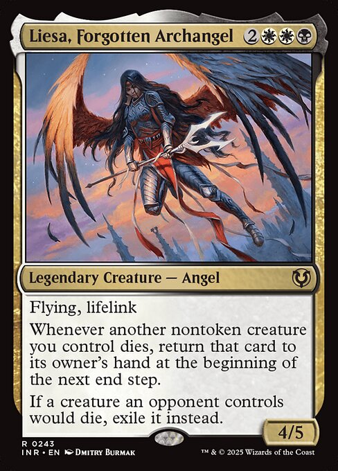 Flying, lifelink
Whenever another nontoken creature you control dies, return that card to its owner's hand at the beginning of the next end step.
If a creature an opponent controls would die, exile it instead.