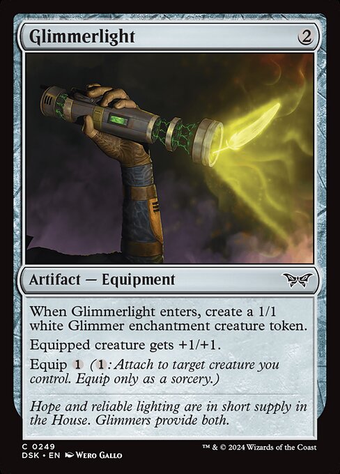 When Glimmerlight enters, create a 1/1 white Glimmer enchantment creature token.
Equipped creature gets +1/+1.
Equip {1} ({1}: Attach to target creature you control. Equip only as a sorcery.)