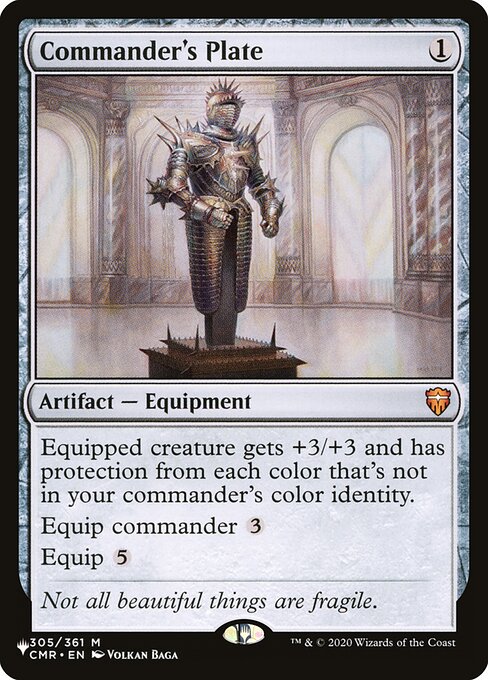 Equipped creature gets +3/+3 and has protection from each color that's not in your commander's color identity.
Equip commander {3}
Equip {5}