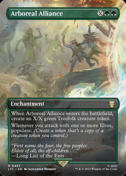 When Arboreal Alliance enters, create an X/X green Treefolk creature token.
Whenever you attack with one or more Elves, populate. (Create a token that's a copy of a creature token you control.)