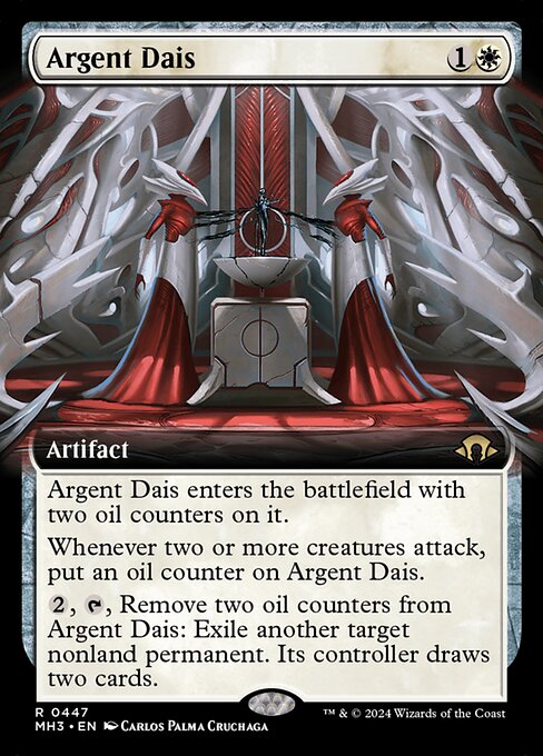 Argent Dais enters the battlefield with two oil counters on it.
Whenever two or more creatures attack, put an oil counter on Argent Dais.
{2}, {T}, Remove two oil counters from Argent Dais: Exile another target nonland permanent. Its controller draws two cards.