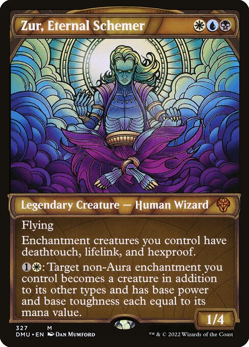 Flying
Enchantment creatures you control have deathtouch, lifelink, and hexproof.
{1}{W}: Target non-Aura enchantment you control becomes a creature in addition to its other types and has base power and base toughness each equal to its mana value.
