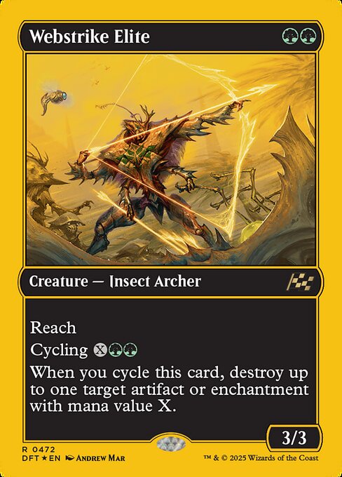 Reach
Cycling {X}{G}{G} ({X}{G}{G}, Discard this card: Draw a card.)
When you cycle this card, destroy up to one target artifact or enchantment with mana value X.
