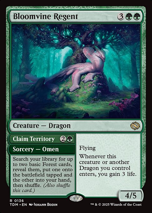 Flying
Whenever this creature or another Dragon you control enters, you gain 3 life.   Search your library for up to two basic Forest cards, reveal them, put one onto the battlefield tapped and the other into your hand, then shuffle.