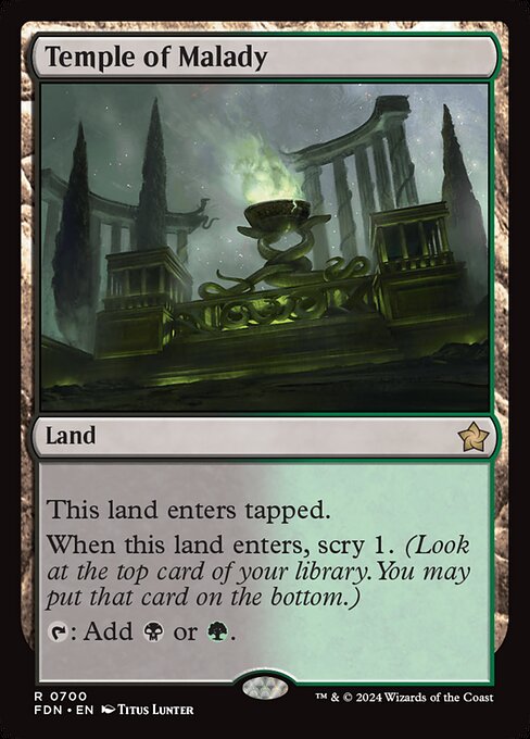 This land enters tapped.
When this land enters, scry 1. (Look at the top card of your library. You may put that card on the bottom.)
{T}: Add {B} or {G}.