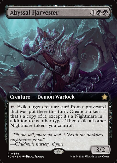 {T}: Exile target creature card from a graveyard that was put there this turn. Create a token that's a copy of it, except it's a Nightmare in addition to its other types. Then exile all other Nightmare tokens you control.