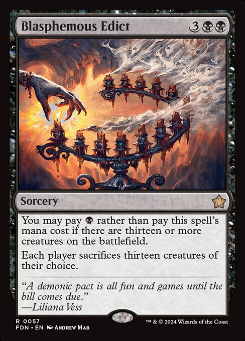 You may pay {B} rather than pay this spell's mana cost if there are thirteen or more creatures on the battlefield.
Each player sacrifices thirteen creatures of their choice.