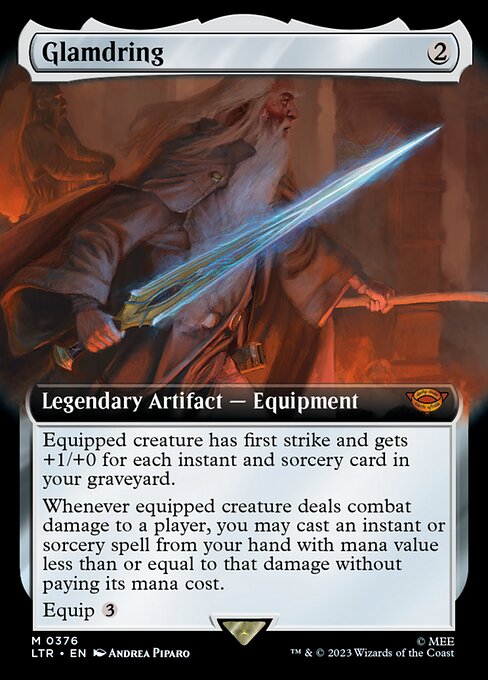 Equipped creature has first strike and gets +1/+0 for each instant and sorcery card in your graveyard.
Whenever equipped creature deals combat damage to a player, you may cast an instant or sorcery spell from your hand with mana value less than or equal to that damage without paying its mana cost.
Equip {3}