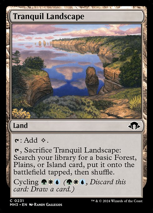 {T}: Add {C}.
{T}, Sacrifice Tranquil Landscape: Search your library for a basic Forest, Plains, or Island card, put it onto the battlefield tapped, then shuffle.
Cycling {G}{W}{U} ({G}{W}{U}, Discard this card: Draw a card.)