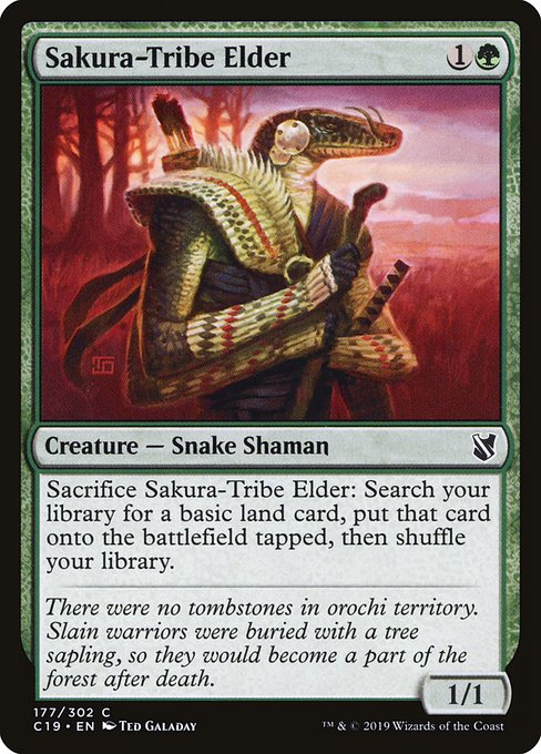 Sacrifice Sakura-Tribe Elder: Search your library for a basic land card, put that card onto the battlefield tapped, then shuffle.