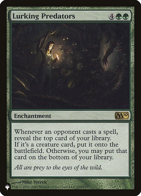 Whenever an opponent casts a spell, reveal the top card of your library. If it's a creature card, put it onto the battlefield. Otherwise, you may put that card on the bottom of your library.