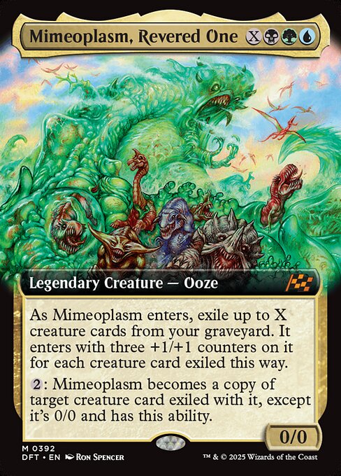 As Mimeoplasm enters, exile up to X creature cards from your graveyard. It enters with three +1/+1 counters on it for each creature card exiled this way.
{2}: Mimeoplasm becomes a copy of target creature card exiled with it, except it's 0/0 and has this ability.