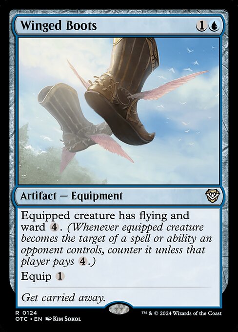 Equipped creature has flying and ward {4}. (Whenever equipped creature becomes the target of a spell or ability an opponent controls, counter it unless that player pays {4}.)
Equip {1}