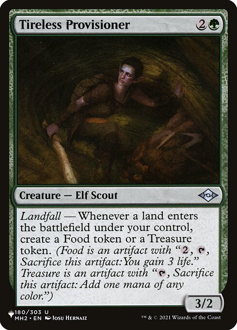 Landfall — Whenever a land enters the battlefield under your control, create a Food token or a Treasure token. (Food is an artifact with "{2}, {T}, Sacrifice this artifact: You gain 3 life." Treasure is an artifact with "{T}, Sacrifice this artifact: Add one mana of any color.")