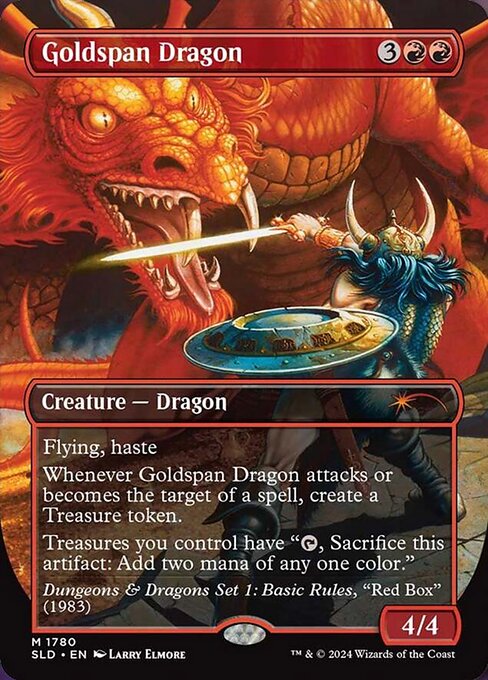 Flying, haste
Whenever Goldspan Dragon attacks or becomes the target of a spell, create a Treasure token.
Treasures you control have "{T}, Sacrifice this artifact: Add two mana of any one color."