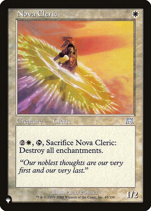 {2}{W}, {T}, Sacrifice Nova Cleric: Destroy all enchantments.