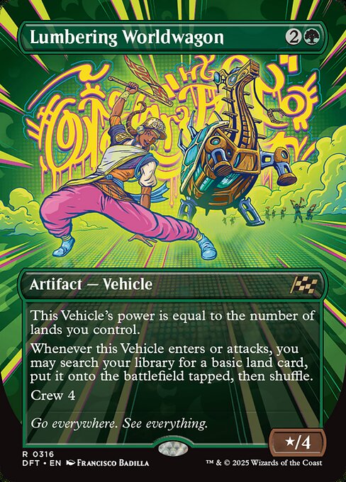 This Vehicle's power is equal to the number of lands you control.
Whenever this Vehicle enters or attacks, you may search your library for a basic land card, put it onto the battlefield tapped, then shuffle.
Crew 4