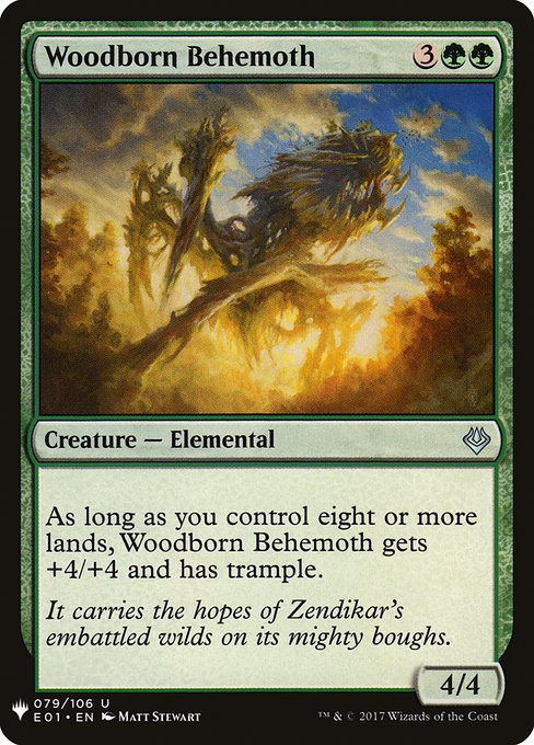 As long as you control eight or more lands, Woodborn Behemoth gets +4/+4 and has trample. (It can deal excess combat damage to the player or planeswalker it's attacking.)