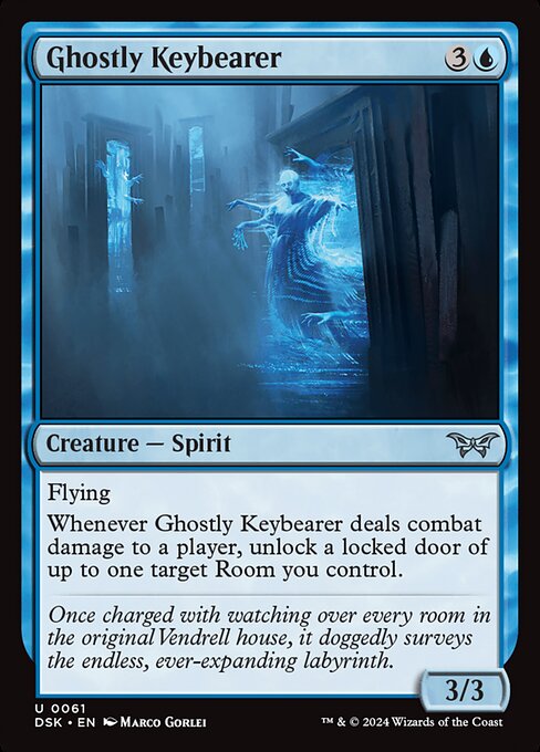 Flying
Whenever Ghostly Keybearer deals combat damage to a player, unlock a locked door of up to one target Room you control.