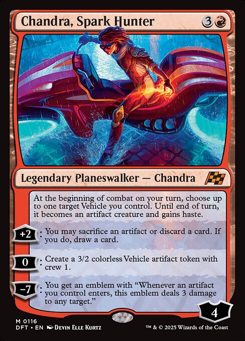At the beginning of combat on your turn, choose up to one target Vehicle you control. Until end of turn, it becomes an artifact creature and gains haste.
+2: You may sacrifice an artifact or discard a card. If you do, draw a card.
0: Create a 3/2 colorless Vehicle artifact token with crew 1.
−7: You get an emblem with "Whenever an artifact you control enters, this emblem deals 3 damage to any target."