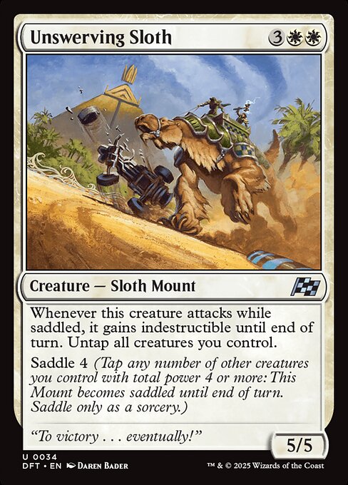 Whenever this creature attacks while saddled, it gains indestructible until end of turn. Untap all creatures you control.
Saddle 4 (Tap any number of other creatures you control with total power 4 or more: This Mount becomes saddled until end of turn. Saddle only as a sorcery.)