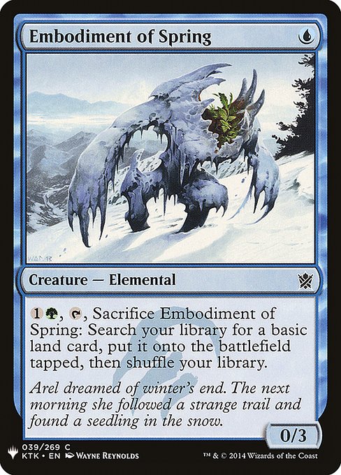 {1}{G}, {T}, Sacrifice Embodiment of Spring: Search your library for a basic land card, put it onto the battlefield tapped, then shuffle.