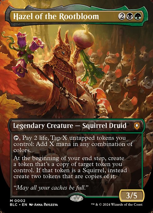 {T}, Pay 2 life, Tap X untapped tokens you control: Add X mana in any combination of colors.
At the beginning of your end step, create a token that's a copy of target token you control. If that token is a Squirrel, instead create two tokens that are copies of it.