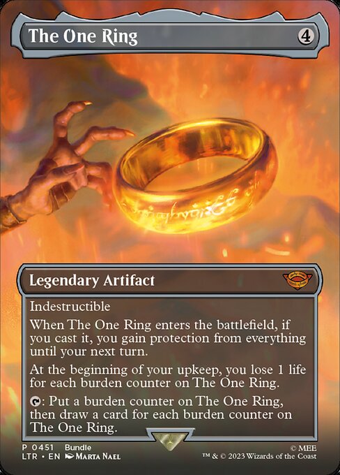 Indestructible
When The One Ring enters the battlefield, if you cast it, you gain protection from everything until your next turn.
At the beginning of your upkeep, you lose 1 life for each burden counter on The One Ring.
{T}: Put a burden counter on The One Ring, then draw a card for each burden counter on The One Ring.