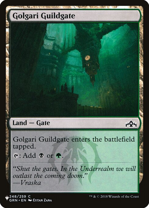 This land enters tapped.
{T}: Add {B} or {G}.