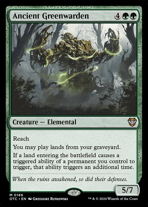 Reach
You may play lands from your graveyard.
If a land entering the battlefield causes a triggered ability of a permanent you control to trigger, that ability triggers an additional time.