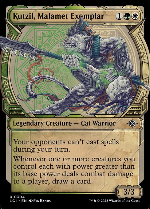 Your opponents can't cast spells during your turn.
Whenever one or more creatures you control each with power greater than its base power deals combat damage to a player, draw a card.