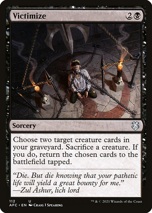 Choose two target creature cards in your graveyard. Sacrifice a creature. If you do, return the chosen cards to the battlefield tapped.