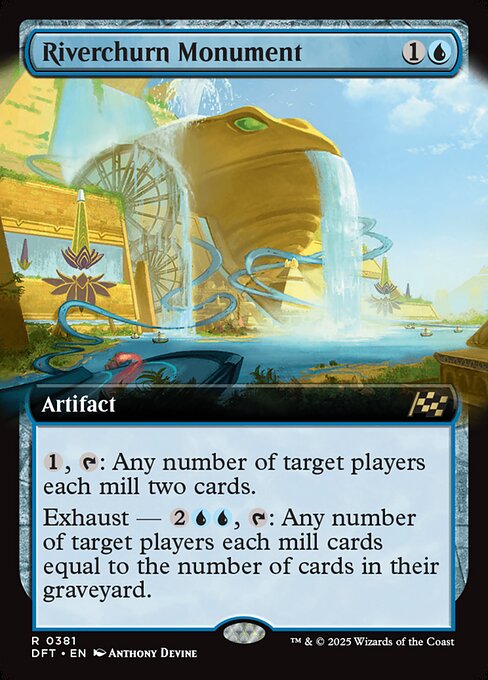 {1}, {T}: Any number of target players each mill two cards. (Each of them puts the top two cards of their library into their graveyard.)
Exhaust — {2}{U}{U}, {T}: Any number of target players each mill cards equal to the number of cards in their graveyard. (Activate each exhaust ability only once.)