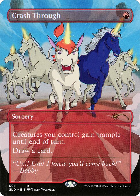 Creatures you control gain trample until end of turn. (A creature with trample can deal excess combat damage to the player or planeswalker it's attacking.)
Draw a card.