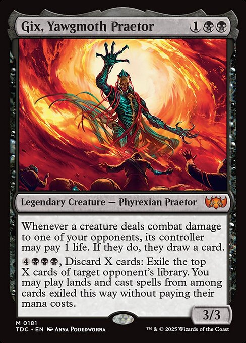 Whenever a creature deals combat damage to one of your opponents, its controller may pay 1 life. If they do, they draw a card.
{4}{B}{B}{B}, Discard X cards: Exile the top X cards of target opponent's library. You may play lands and cast spells from among cards exiled this way without paying their mana costs.