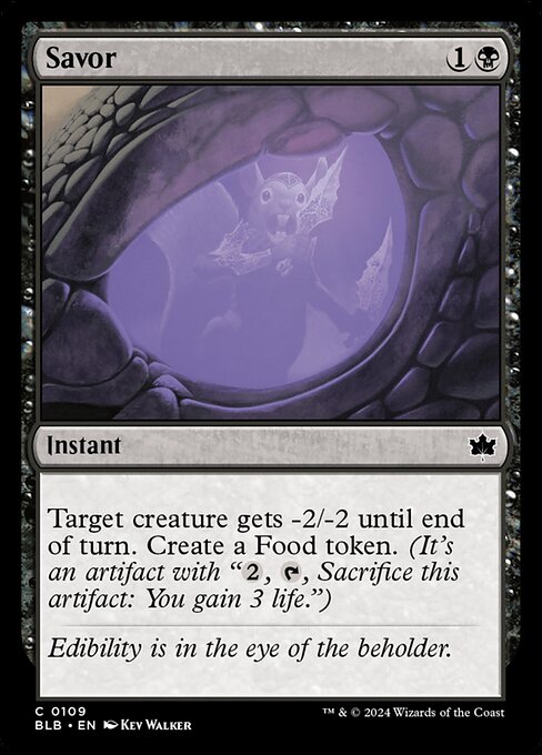 Target creature gets -2/-2 until end of turn. Create a Food token. (It's an artifact with "{2}, {T}, Sacrifice this artifact: You gain 3 life.")