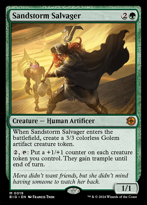 When Sandstorm Salvager enters the battlefield, create a 3/3 colorless Golem artifact creature token.
{2}, {T}: Put a +1/+1 counter on each creature token you control. They gain trample until end of turn.