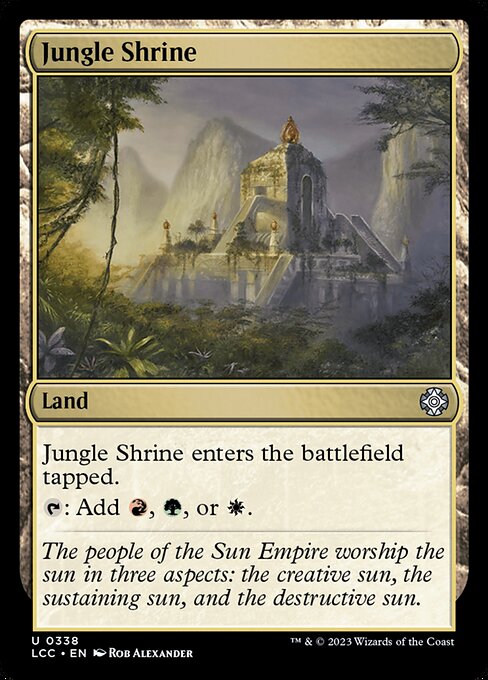 This land enters tapped.
{T}: Add {R}, {G}, or {W}.