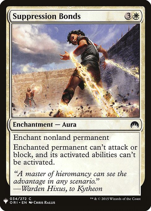 Enchant nonland permanent
Enchanted permanent can't attack or block, and its activated abilities can't be activated.